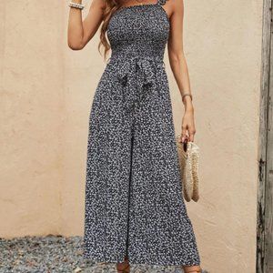 Ditsy Floral Print Ruffle Trim Belted Wide Leg Jumpsuit